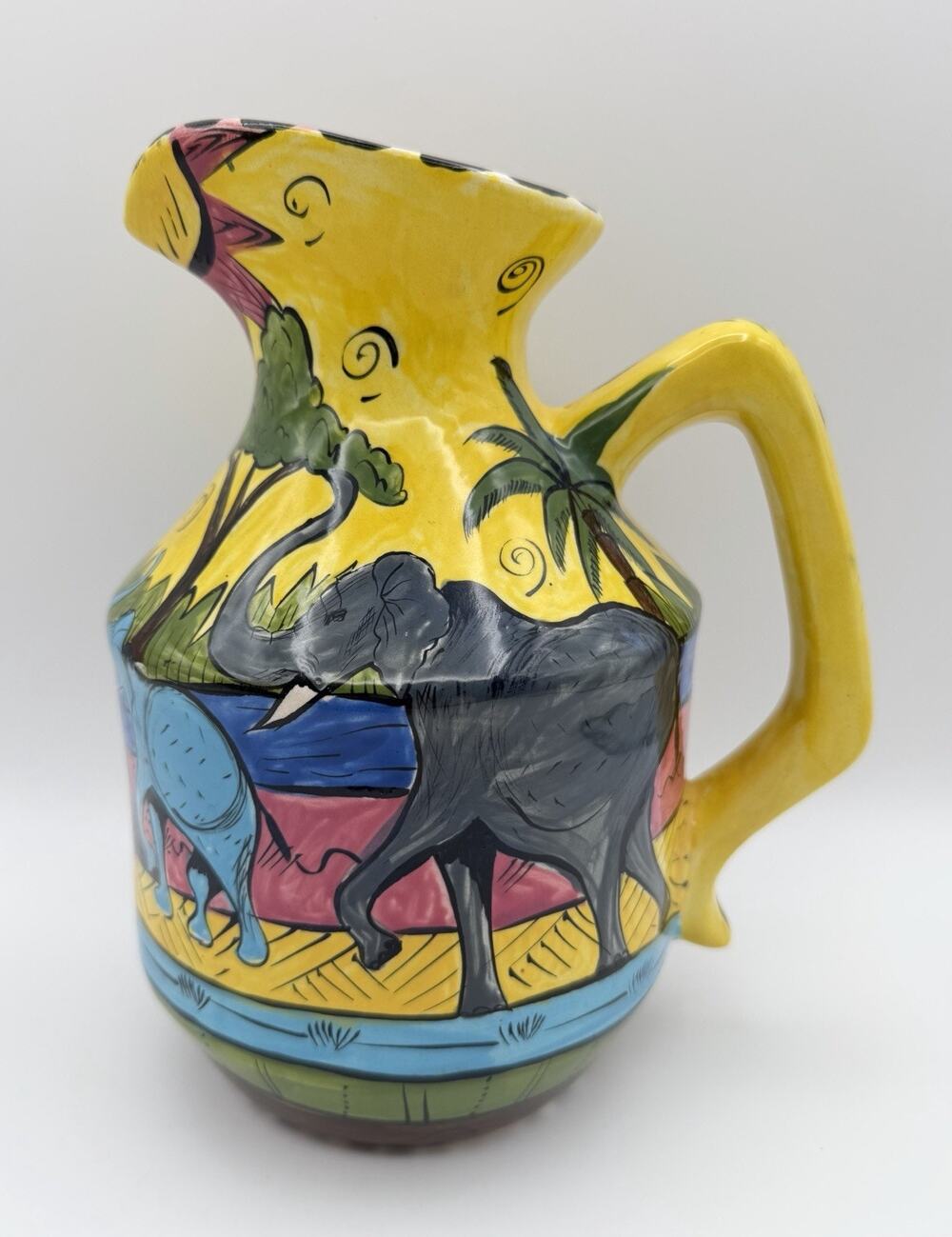 Penzo Zimbabwe Pottery Pitcher 9.5" Hand Painted African Safari Vintage Signed